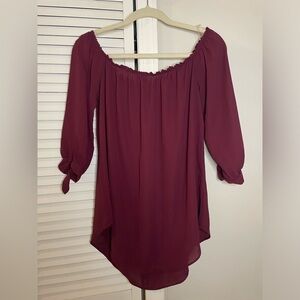 SMALL Burgundy Flowy Top, 3/4 Sleeve with Tie Detail, Off-Should Option